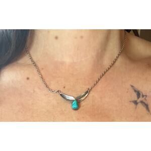 Navajo Turquoise Leaf Necklace 925 Sterling Silver Southwestern Pendant Western